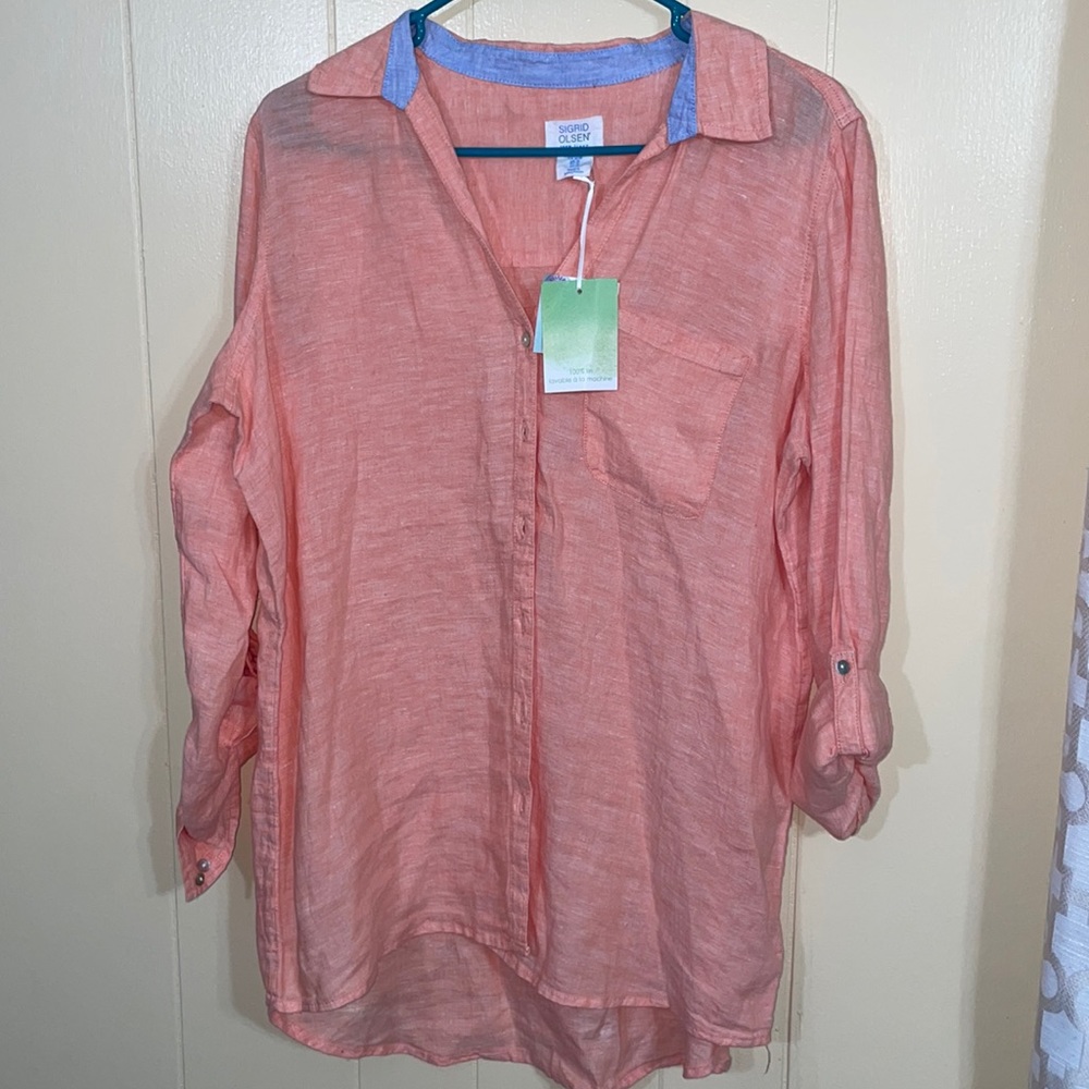 NEW Sigrid Olson 100% linen button down blouse Size M
